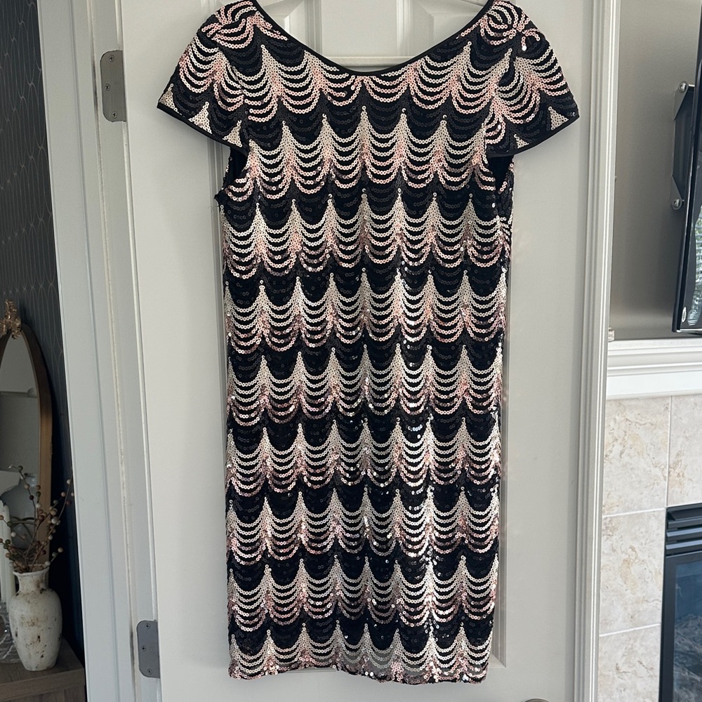Romeo & Juliet Couture Elegant Black, Gold and Rose Gold Sequin Dress-worn once!